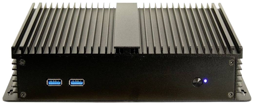 Een zwarte, rechthoekige mini-pc met koelribben en twee blauwe USB-poorten aan de voorkant. Een blauwe lichtpunt geeft de werking aan.