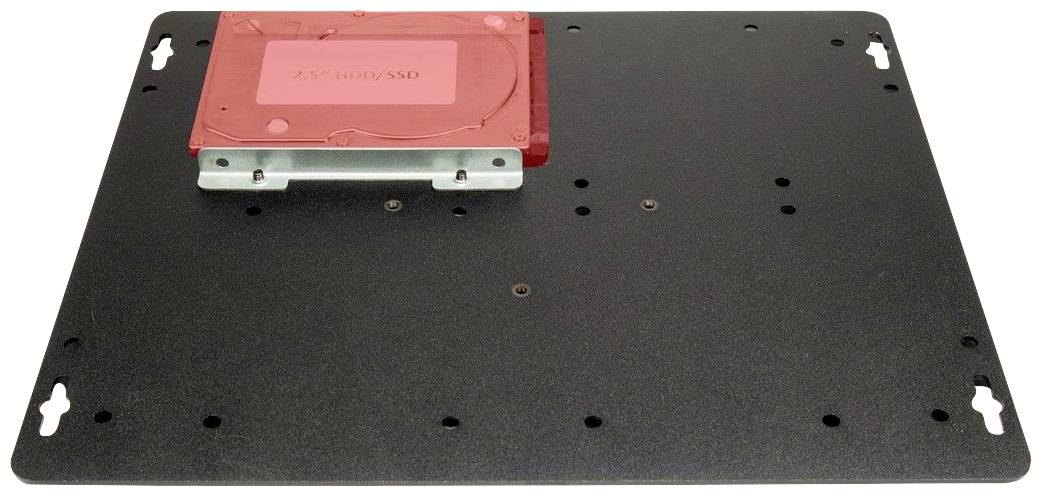 Een metalen plaat met een gemonteerde 2,5-inch harde schijf of SSD, geschikt voor montage in een computerbehuizing.