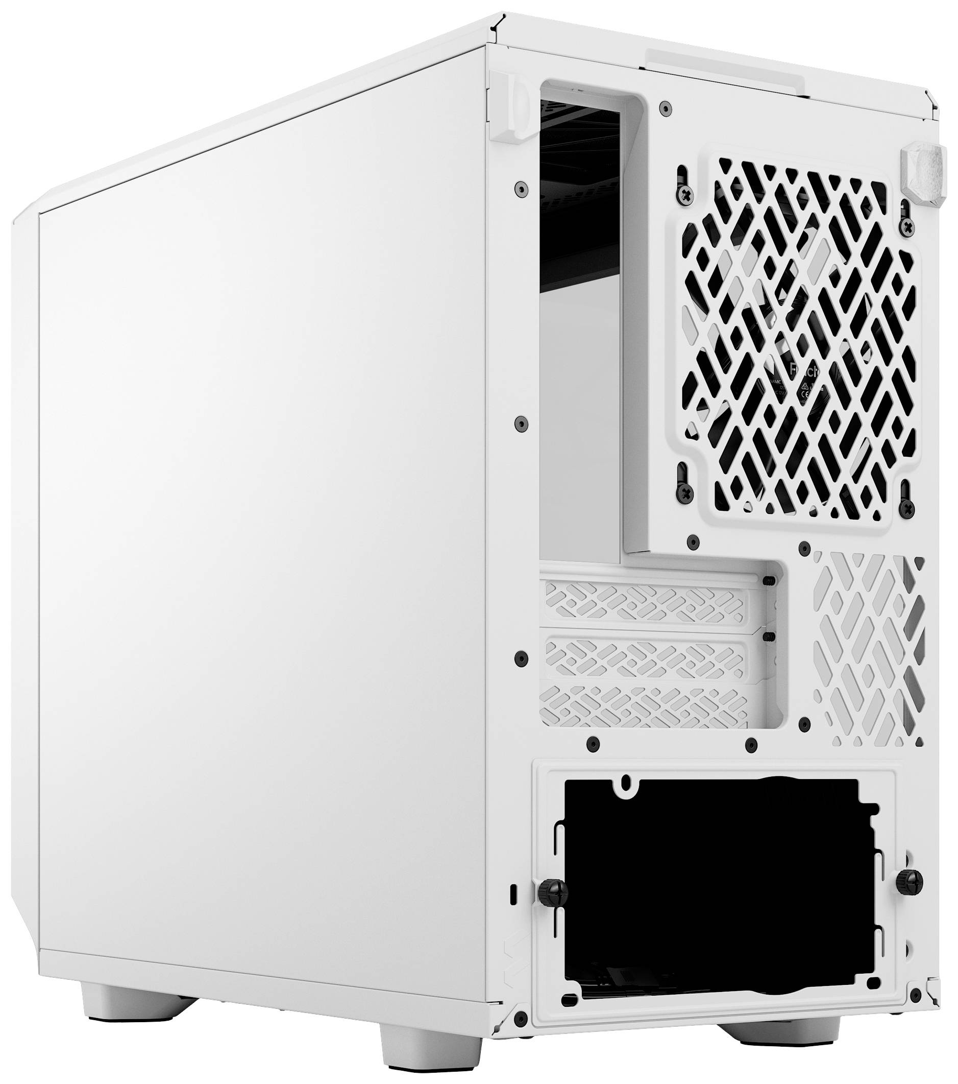 Witte computerkast achterkant met ventilatierooster en aansluitpaneel. Geen zichtbare componenten geïnstalleerd.