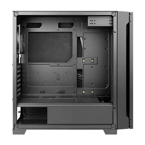 Een zwarte computerbehuizing met een transparante zijwand, toont de binnenkant met montagerails en kabelmanagementopeningen.