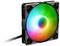Een computerventilator met RGB-verlichting toont een levendig kleurenspel. De ventilator heeft een rechthoekige behuizing en een verbindingskabel.