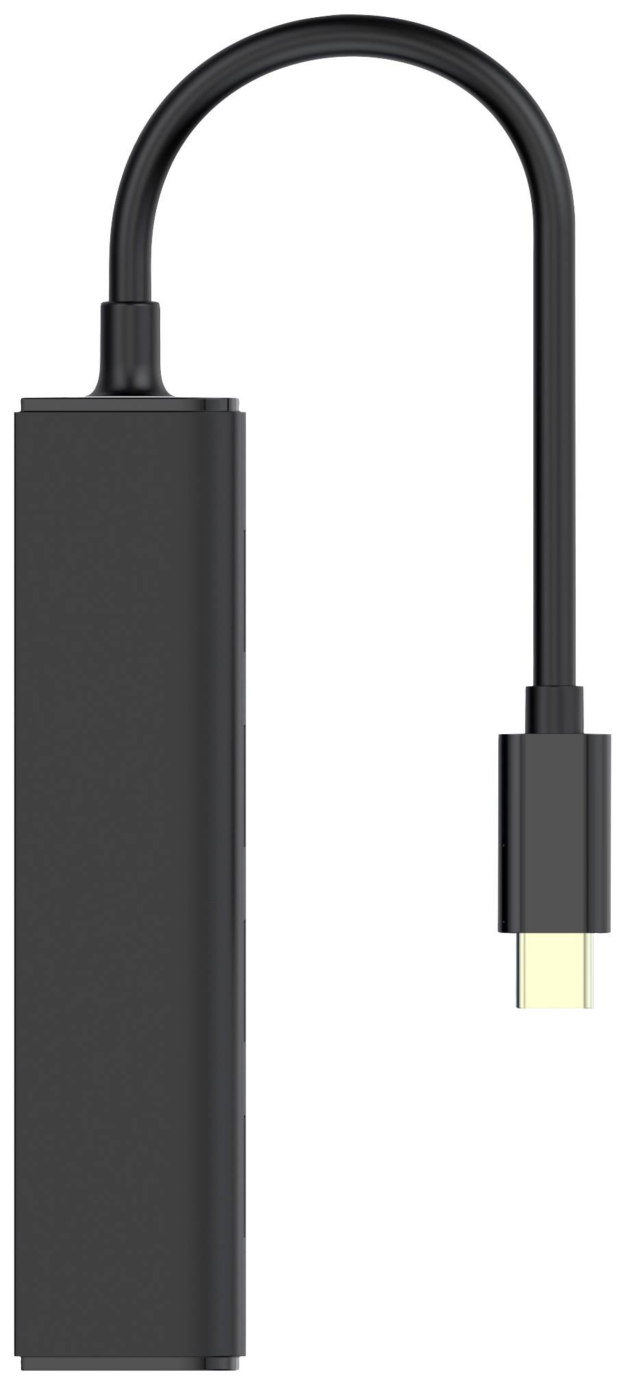 Een zwarte USB-C-hub met meerdere poorten, geschikt voor het aansluiten van randapparatuur op een laptop of tablet.