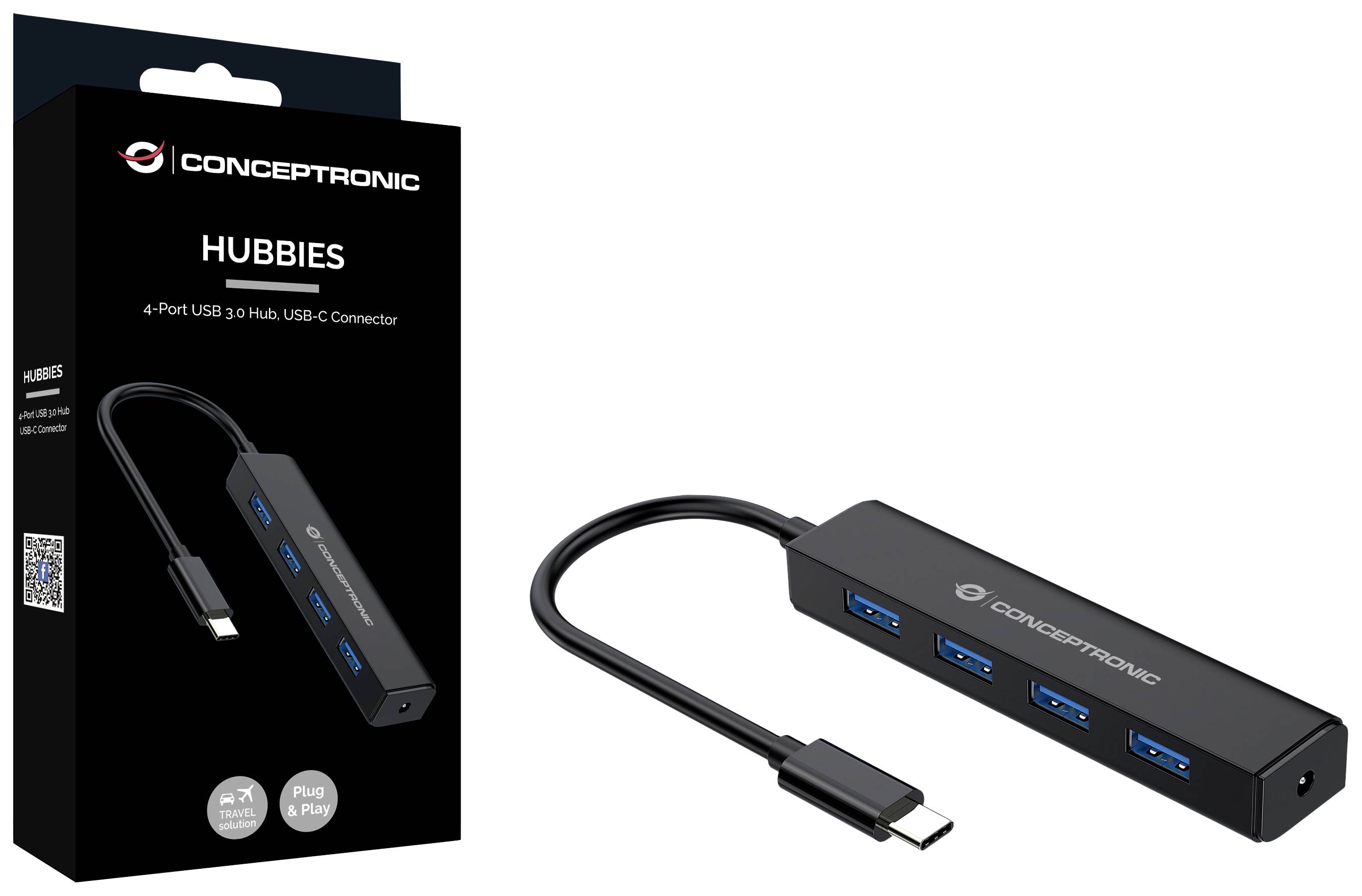 Een zwarte USB-hub met vier blauwe USB 3.0-poorten en een USB-C-aansluiting. Verpakking toont productafbeelding en merknaam.