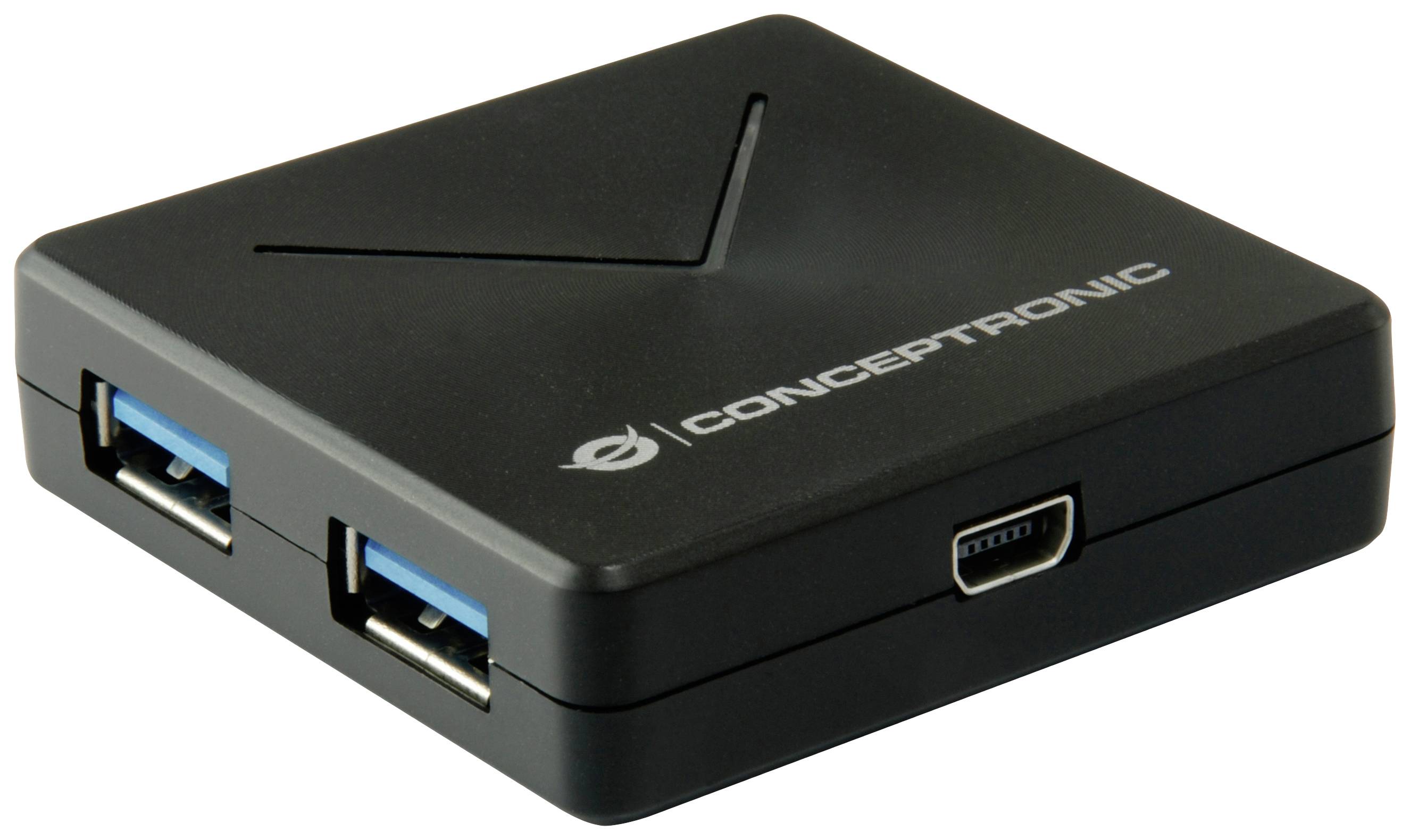 Zwarte Conceptronic USB-hub met twee USB-poorten aan de zijkant en een Mini-USB-aansluiting aan de voorkant.