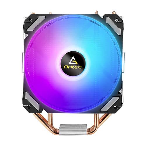Een vierkante computerventilator van Antec met kleurrijke RGB-verlichting in blauw en roze.