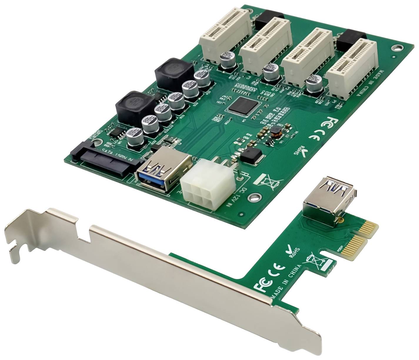 Een groene PCI-Express-uitbreidingskaart met meerdere aansluitingen, waaronder USB en een stroomaansluiting, voor gebruik in computers.