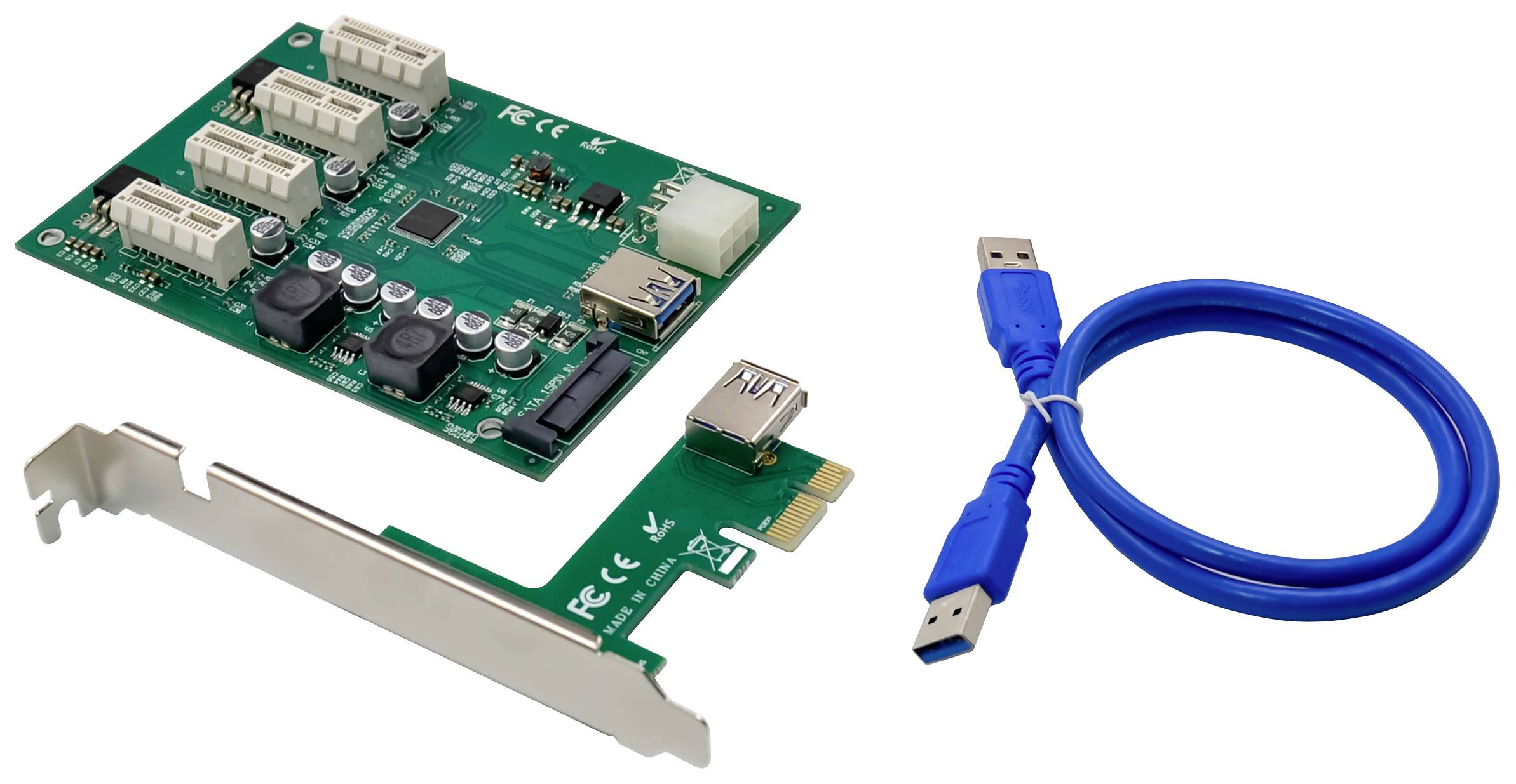 Insteekkaart met USB-poorten en een blauw USB-kabel ernaast. De kaart heeft meerdere poorten en is bedoeld voor installatie in een computer.