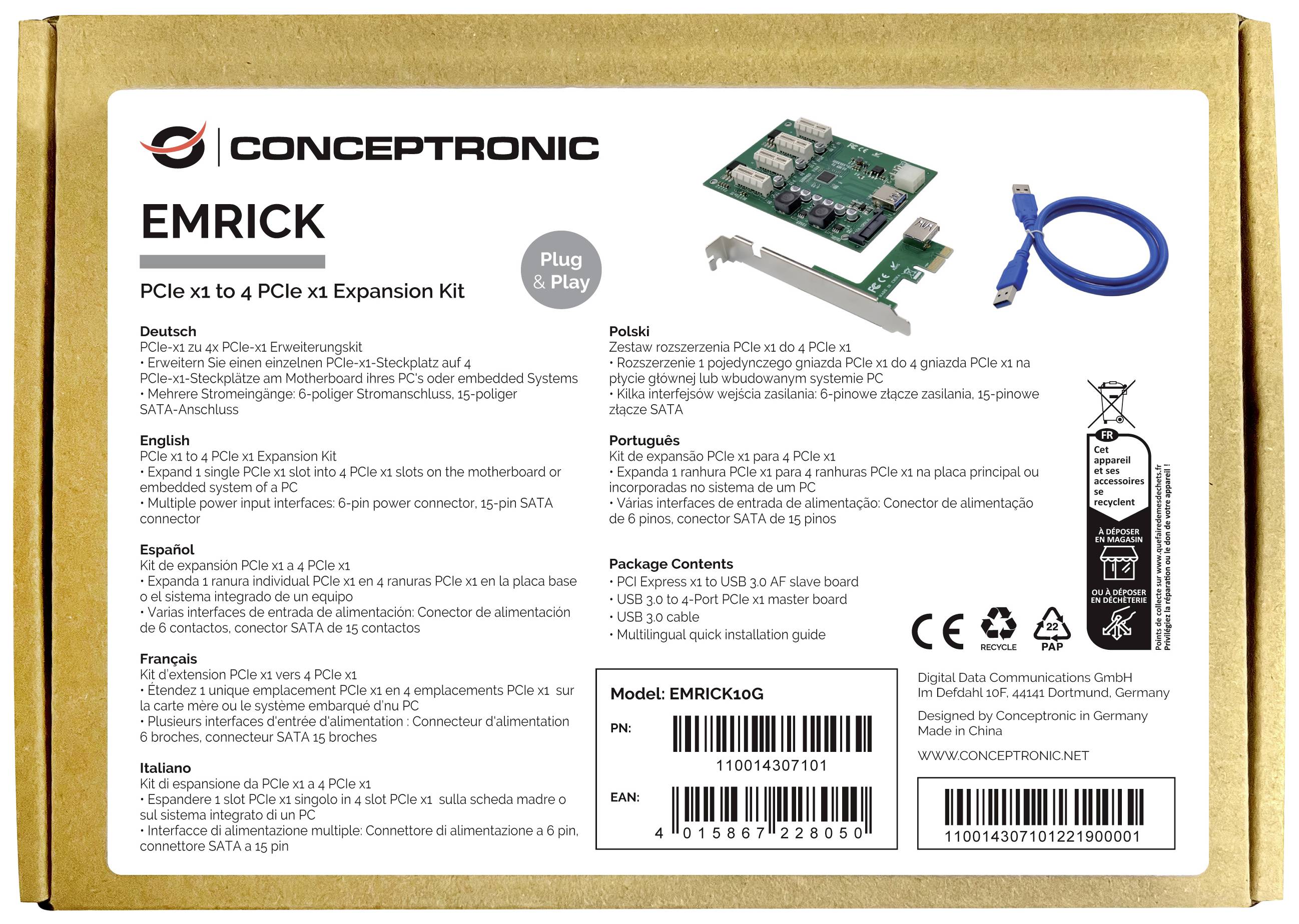 'Conceptronic EMRICK PCIe Kit' met PCIe x1-kaart, kabel en toebehoren. Ondersteunt SATA-verbindingen. Meertalige beschrijving.