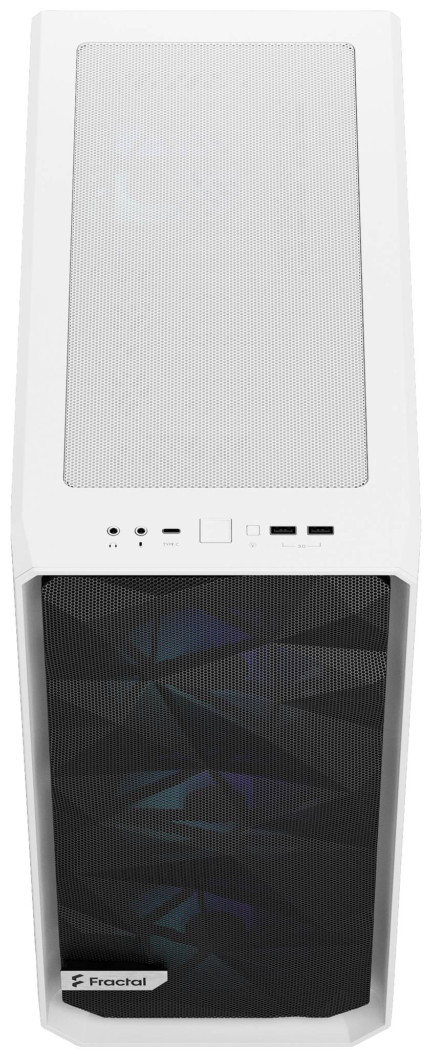 Elegant wit computerbehuizing met mesh-voorkant, meerdere ventilatieopeningen en een merklogo, ideaal voor koeling.