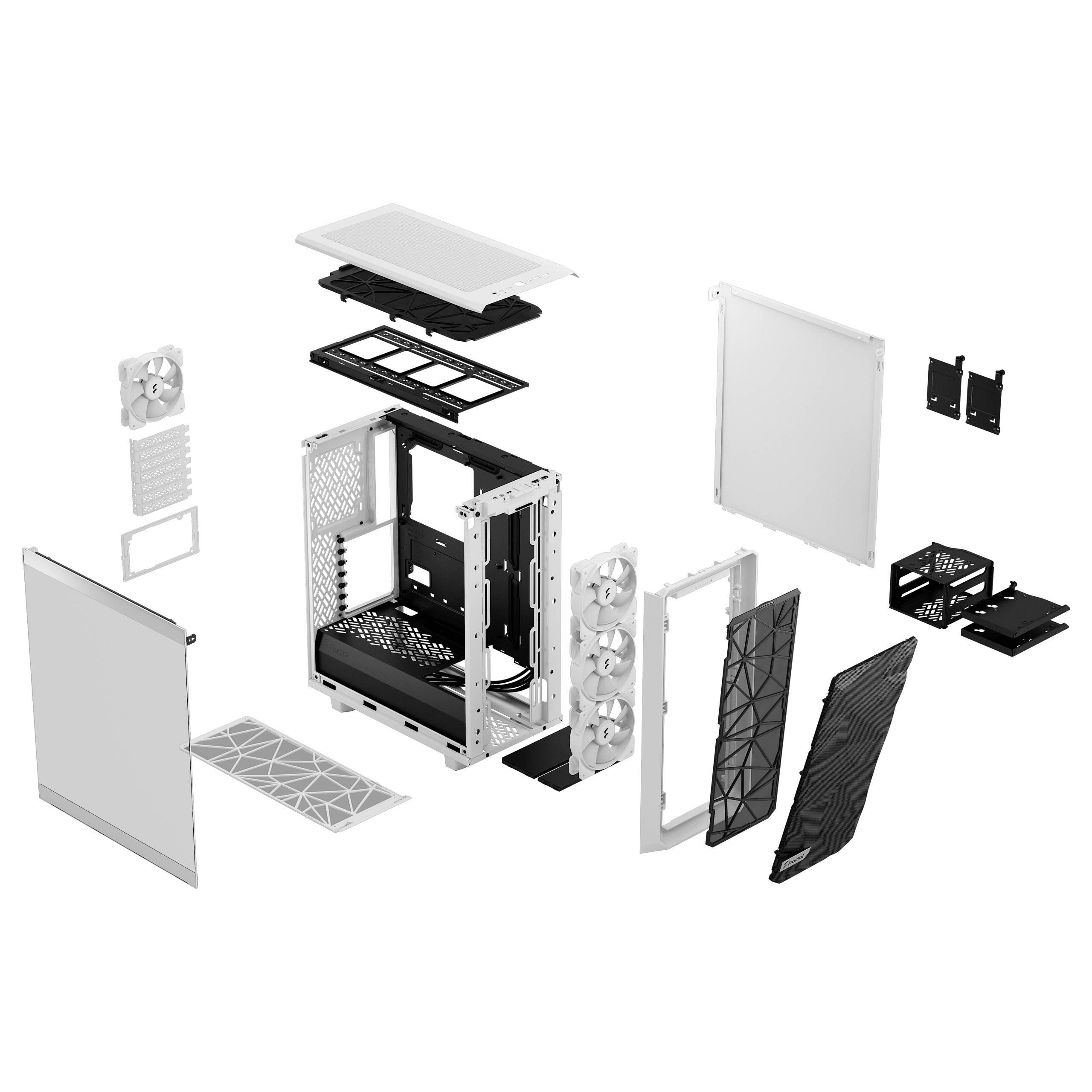 Gedemonteerde weergave van een pc-behuizing met verschillende demonteerbare onderdelen zoals zijpanelen, ventilatoren en filters. Toont constructie en indeling.