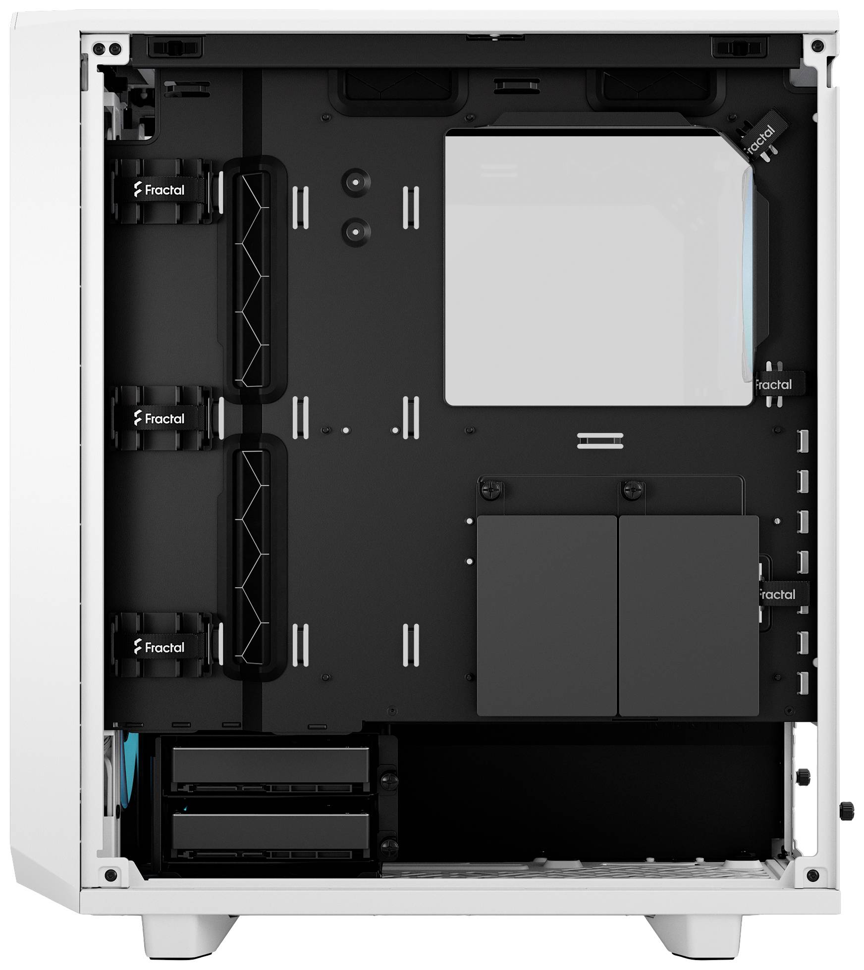 Wit computerbehuizing met een open binnenkant. Toont schijfruimtes, kabelbeheer en ruimte voor hardwarecomponenten.