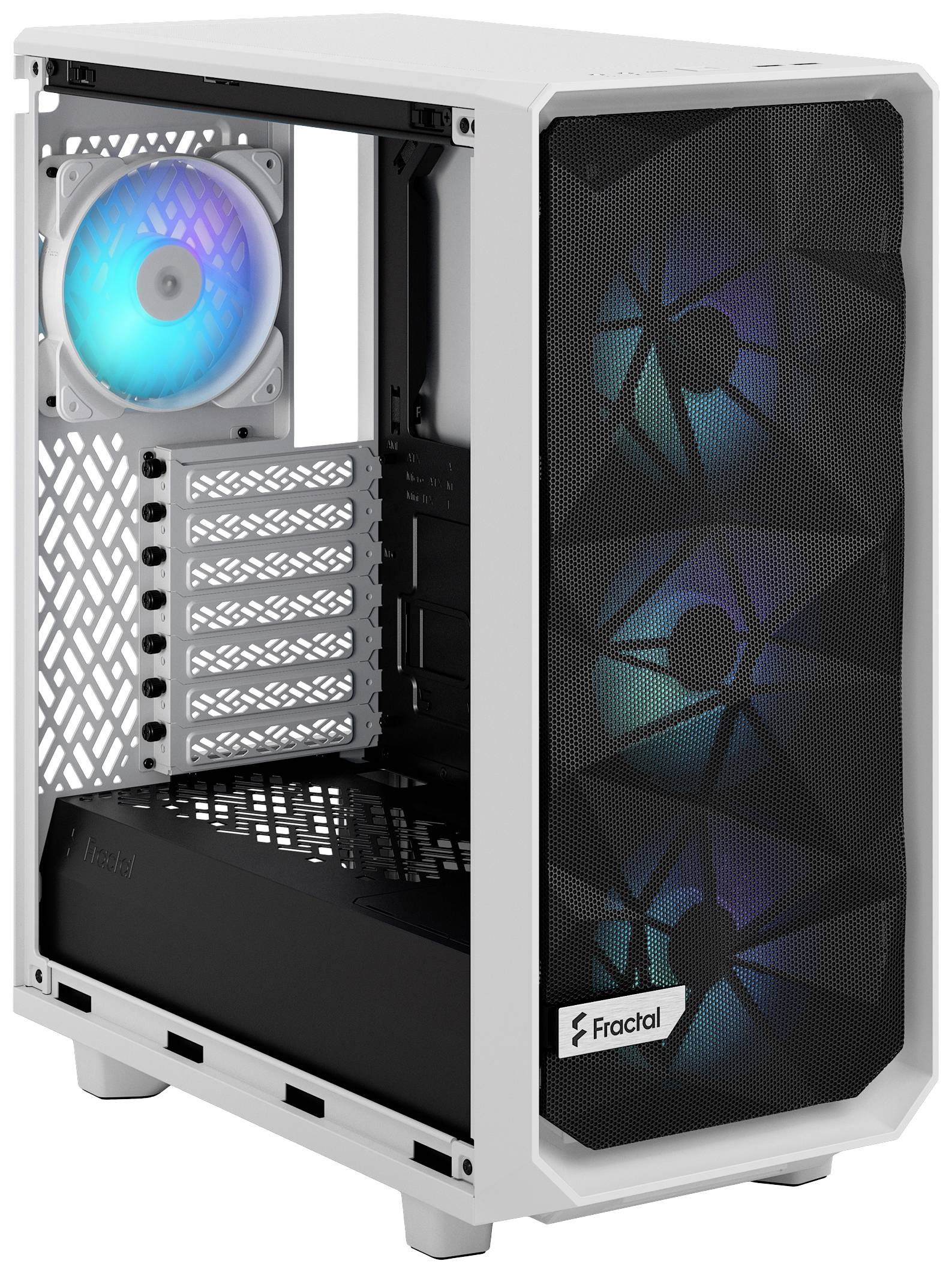 Wit computerbehuizing met transparant zijpaneel. Zichtbare ventilatoren verlichten het interieur blauw. Merknaam 'Fractal' aan de voorkant.