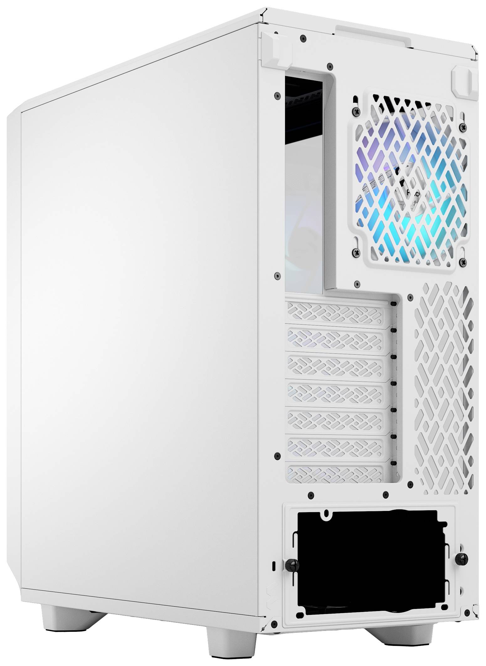 Een wit computerbehuizing met zijdelingse ventilatiesleuven en meerdere aansluitingen aan de achterkant.