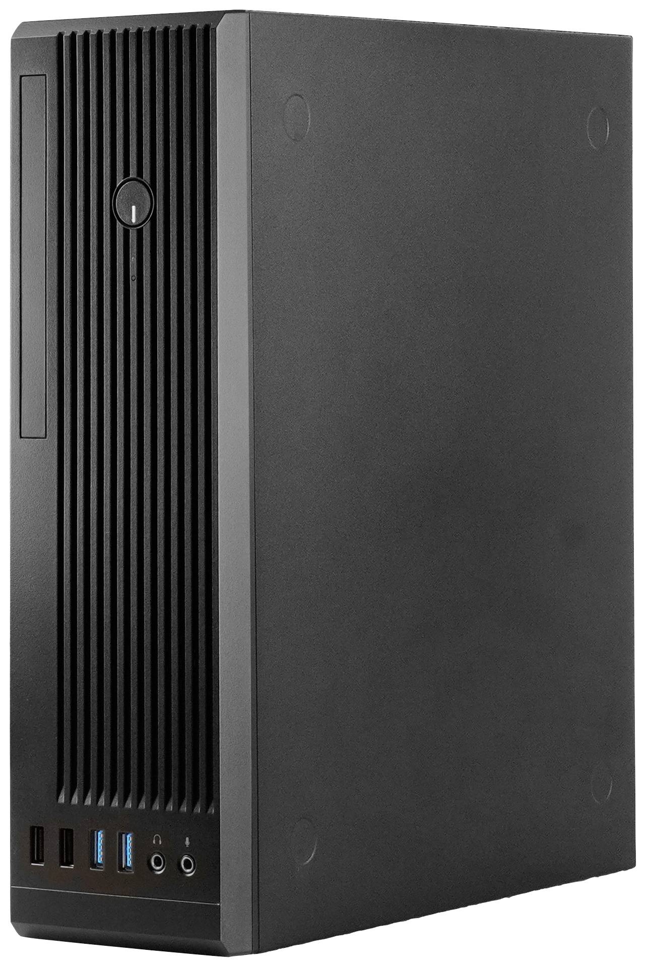 Een zwarte computertoren met ventilatiesleuven aan de voorkant, meerdere USB-poorten en een aan/uit-knop bovenop.