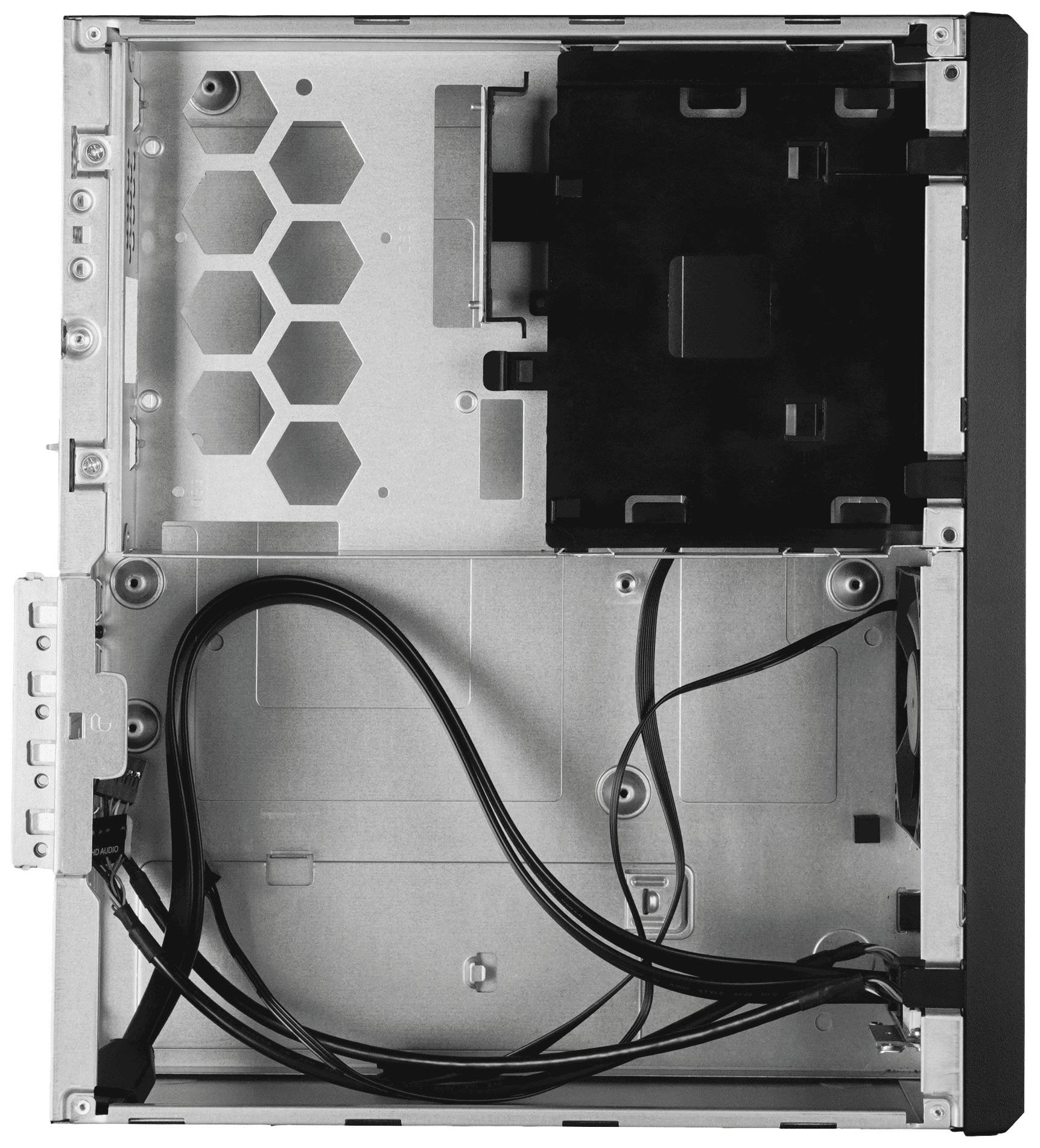 Leeg computerbehuizing met open zijpaneel, toont interne metalen structuur en kabels voor componenten, zonder geïnstalleerde hardware.