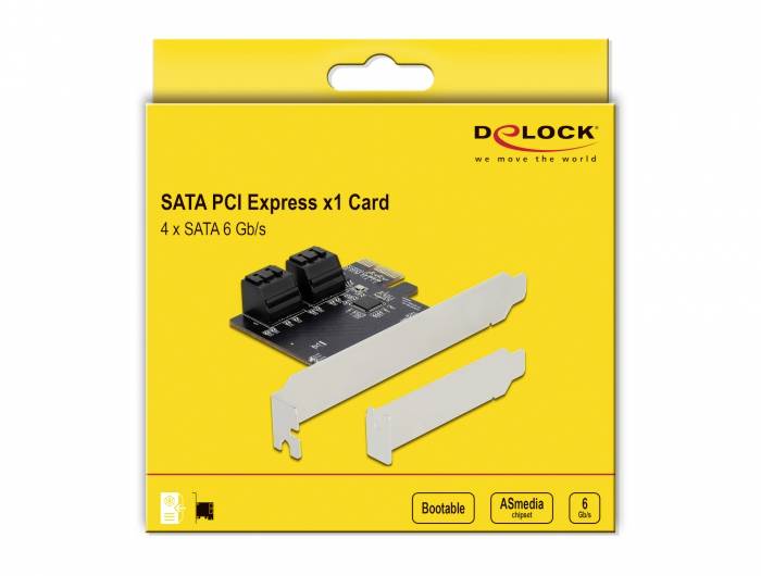 Verpakking van een 'SATA PCI Express x1 Kaart' van Delock, met 4x SATA-aansluitingen, 6 Gb/s overdrachtssnelheid, gele achtergrond.