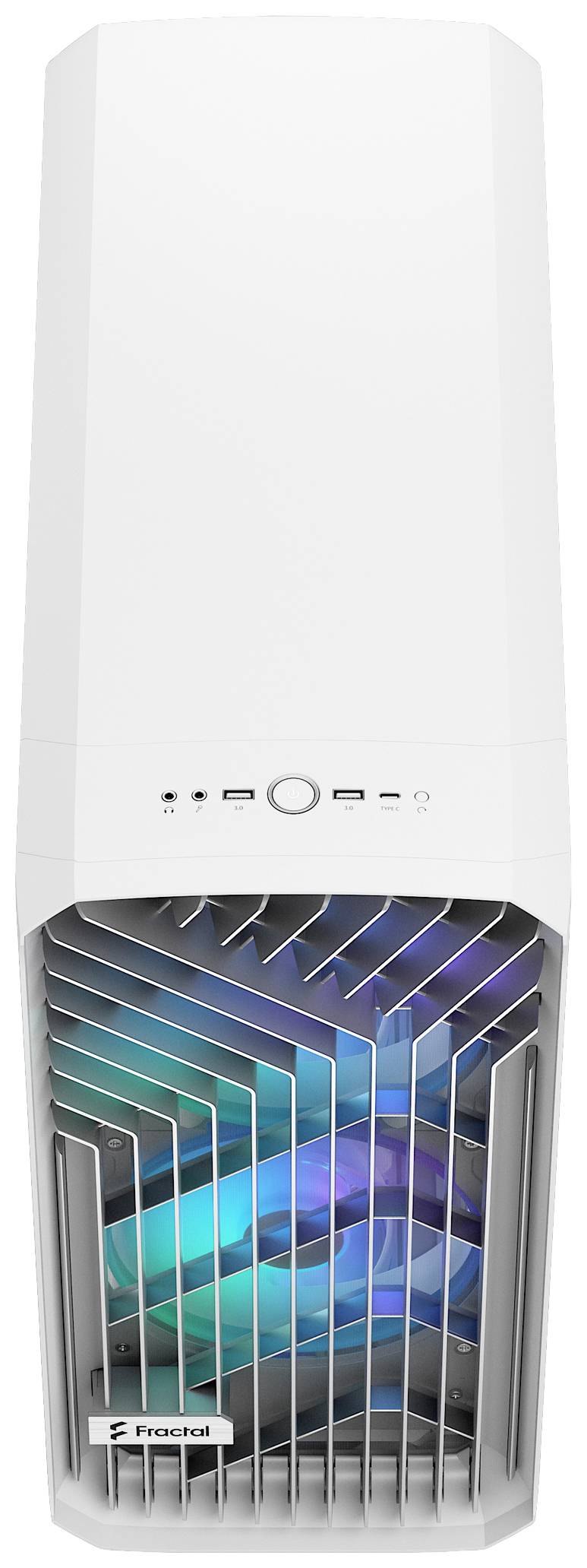 Een wit computerbehuizing met LED-verlichting aan de binnenkant, zichtbaar door de voorkant. Bevat een Fractal-logo onderaan.