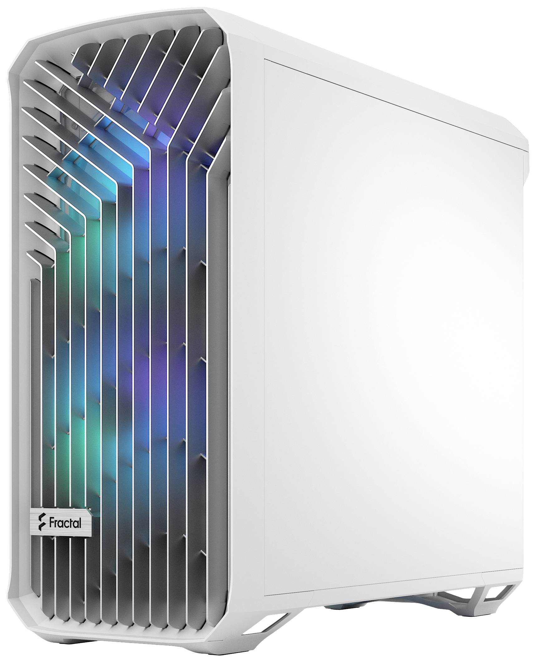 Een wit computerbehuizing met RGB-verlichting aan de voorkant. Het glanzende ontwerp benadrukt de verticale lamellen.