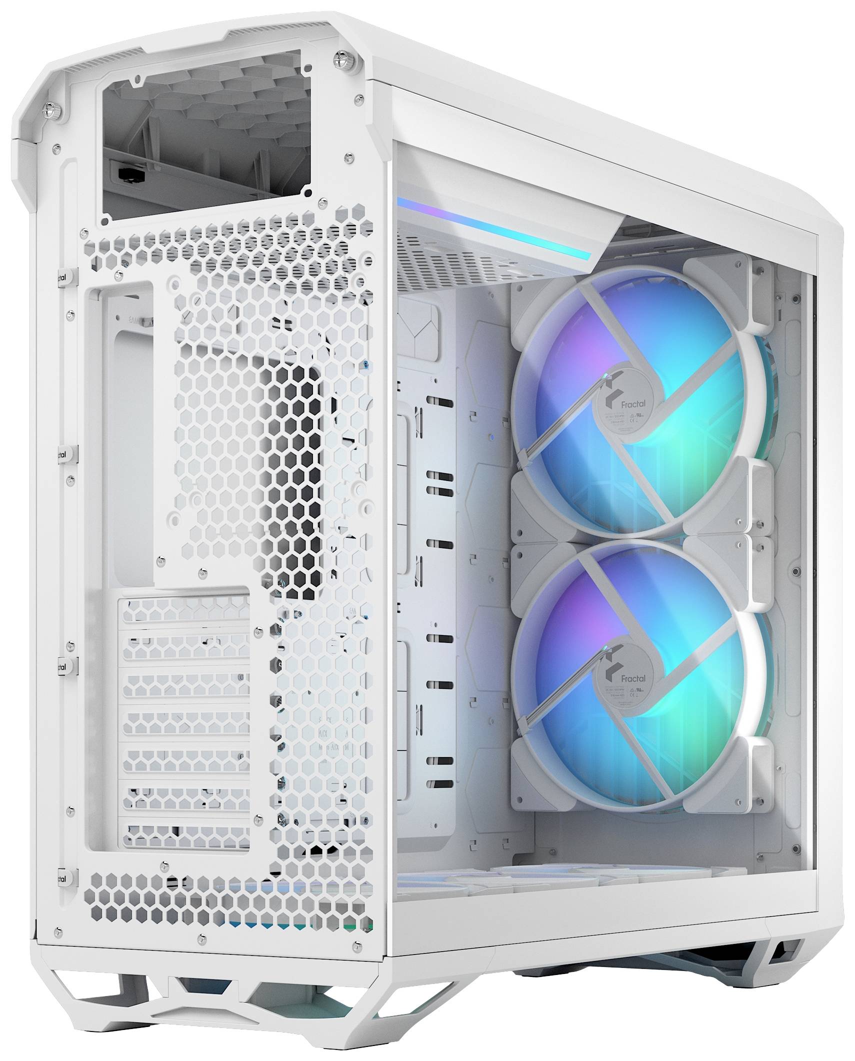Een wit computerbehuizing met twee grote, blauw verlichte ventilatoren aan de zijkant. Energiek ontwerp, geschikt voor pc-assemblage.