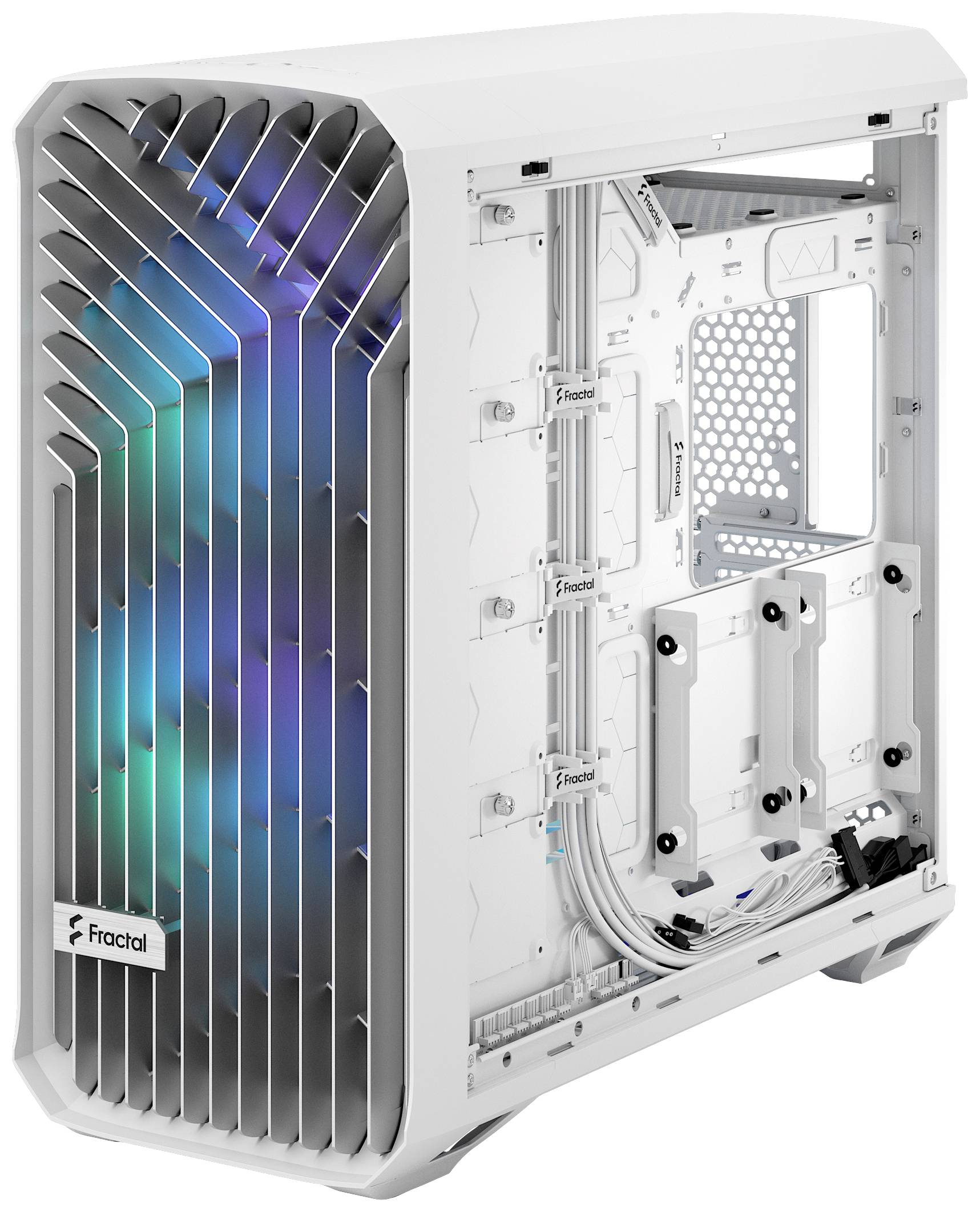 Een wit computerbehuizing van Fractal met open design. Zijdelingse raamfront verlicht in heldere kleuren, geschikt voor PC-bouwprojecten.