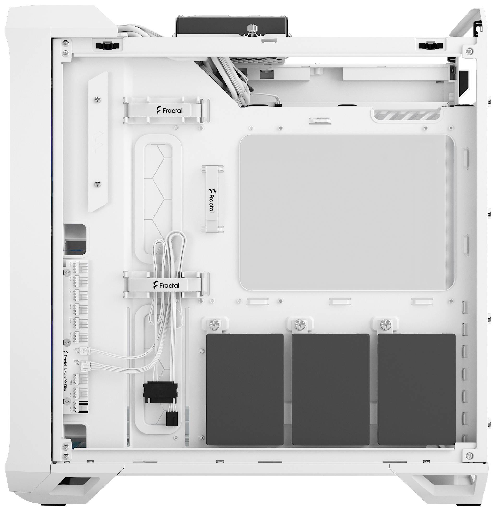 Een wit computerbehuizing zonder componenten, met kabels en bevestigingsbeugels, toont de binneninrichting en indeling van de ruimtes.