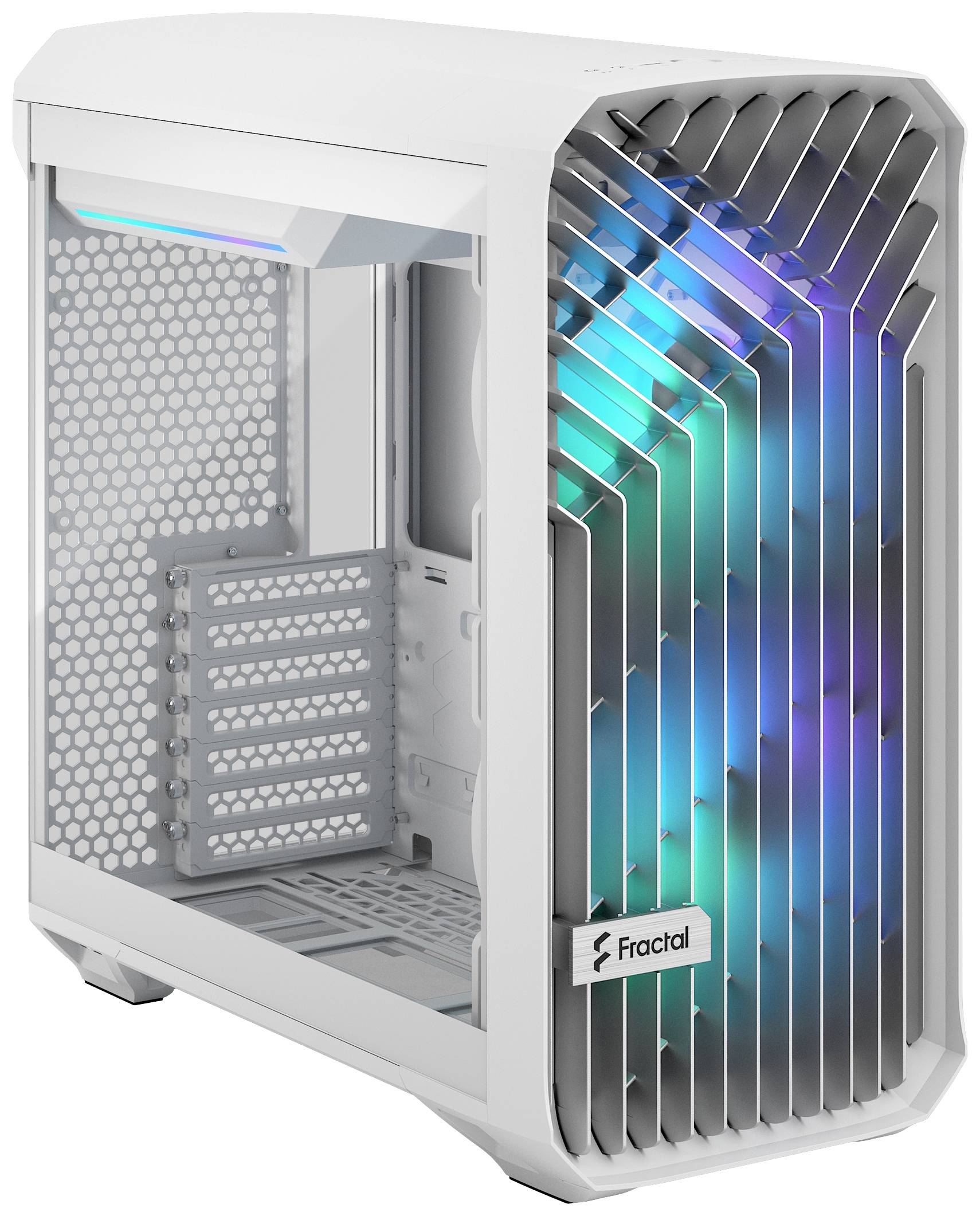 Wit computerbehuizing met opvallende RGB-lichteffecten aan de voorkant, open binnenzijde, en een Fractal-logo aan de onderkant.