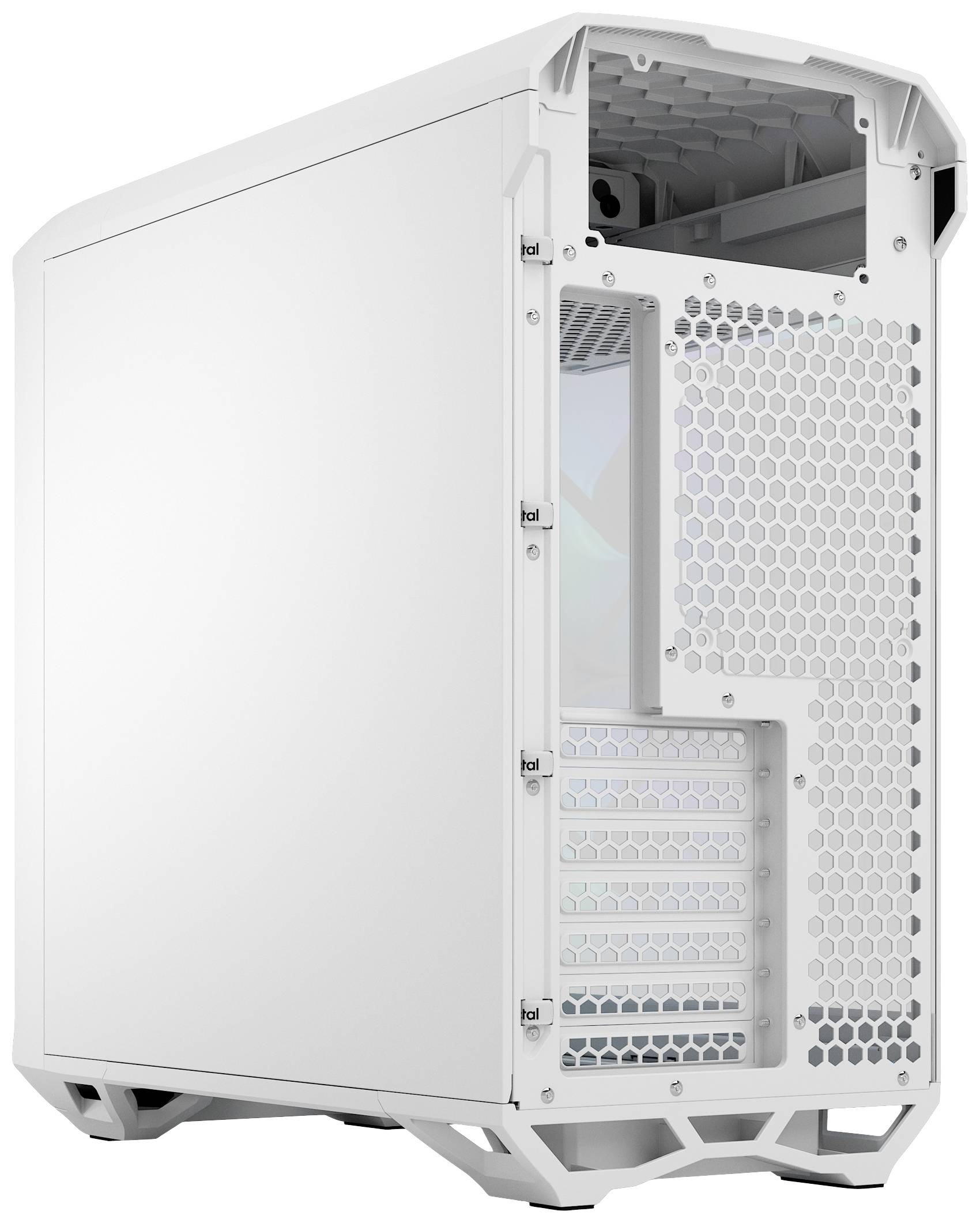 Witte computerbehuizingen met zijdelings ventilatierooster en meerdere uitbreidingssleuven.