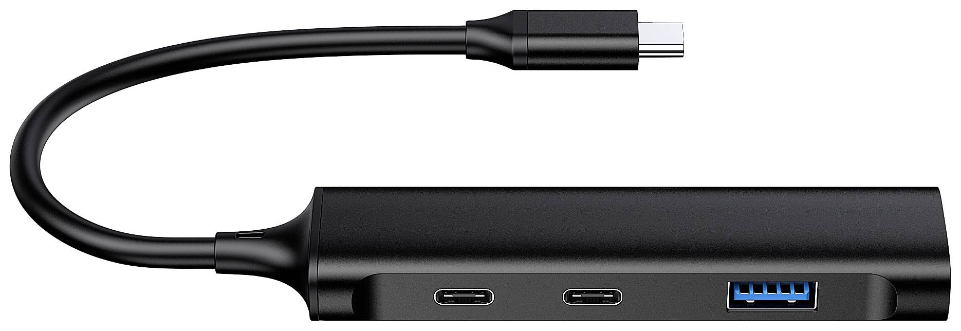 Zwarte USB-C-hub met twee USB-C-poorten en één USB-A-poort, verbonden door een kort kabel.