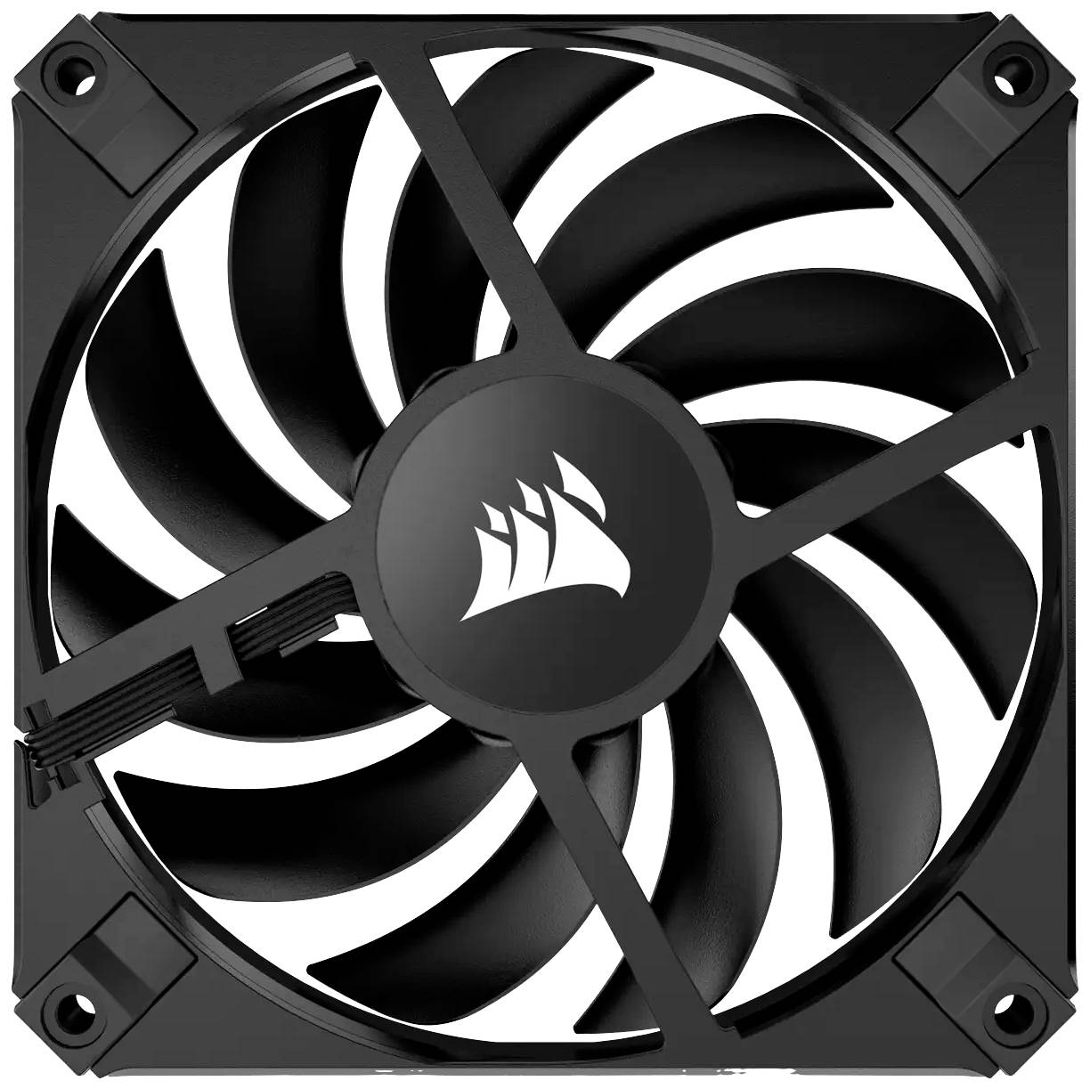 Zwarte computerventilator met wit logo in het midden. Negen gebogen ventilatorbladen, frame heeft vier hoeken met bevestigingspunten.