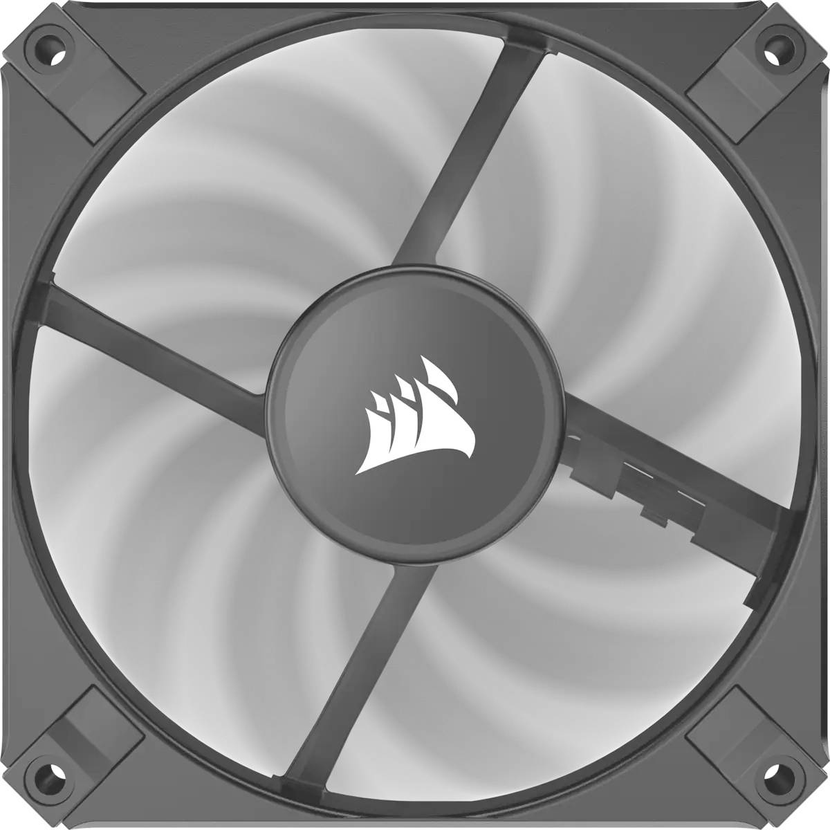 Een grijze computerventilator met een centraal logo. De schoepen zijn in beweging, wat wijst op een koelfunctie.