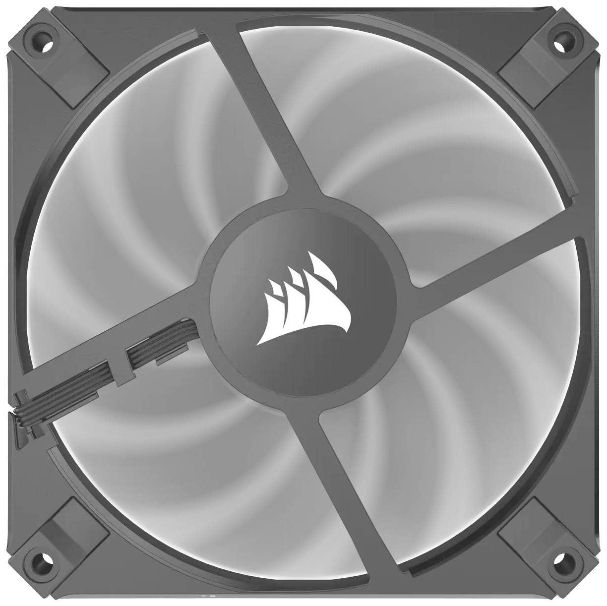 Een vierkante computerventilator met een gestileerd logo in het midden. De ventilator heeft een eenvoudig, functioneel ontwerp.