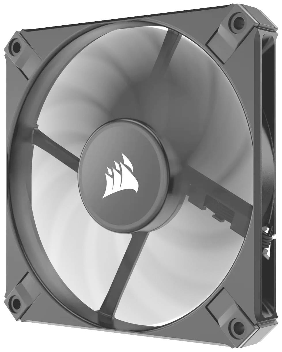 Zwarte computerventilator met vier schroefgaten, merklogo in het midden, ideaal voor pc-koeling.