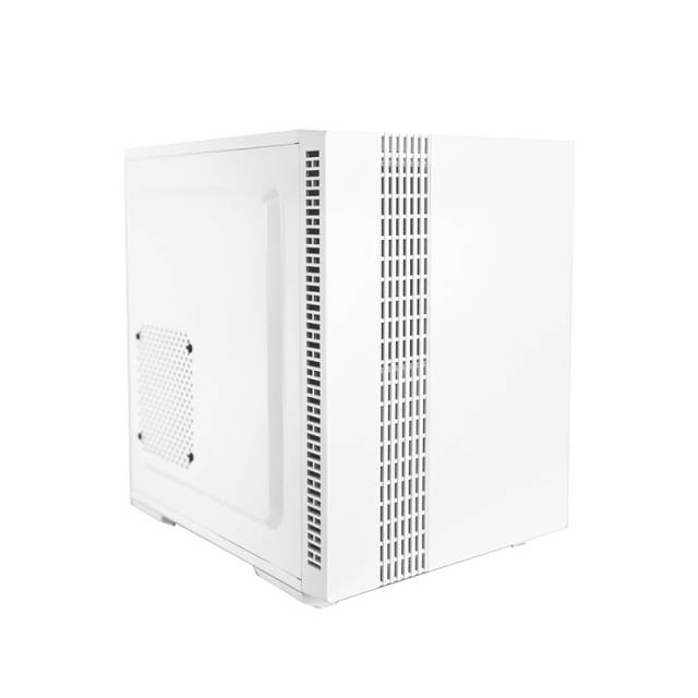 Witte computerbehuizingen met verluchtingssleuven aan de zijkant, vooraanzicht onder een hoek.