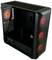 Zwart computerbehuizing met rode LED-verlichting; voorkant toont drie verlichte ventilatoren, achterkant een extra ventilator. De behuizing is transparant.