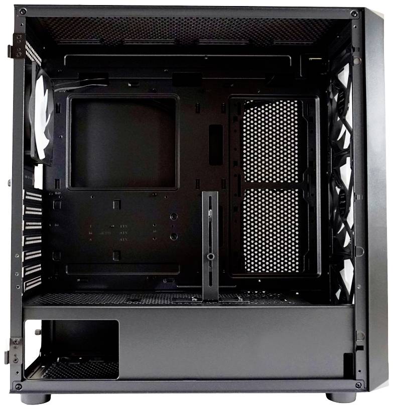 Leeg pc-behuizing met meerdere ventilatieopeningen, zwarte binnenkant en ruimte voor moederbord en voeding. Ideaal voor computerassemblage.