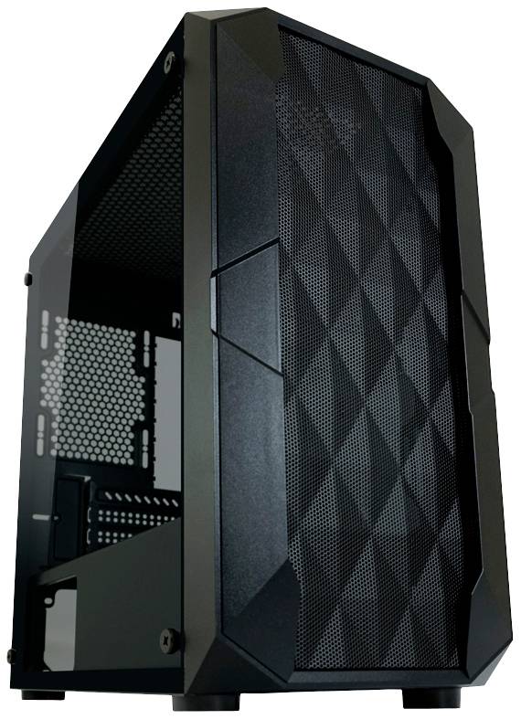 Een zwarte computerbehuizing met een rasterontwerp aan de voorkant. De behuizing is leeg en toont ruimte voor hardware-componenten.