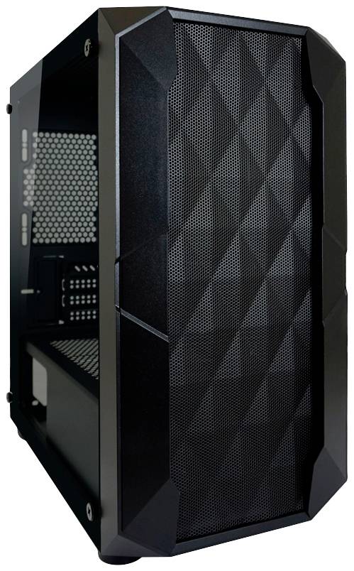Een zwart pc-behuizing met een frontrooster voor ventilatie, behuizingswanden van metaal, geschikt voor computercomponenten.