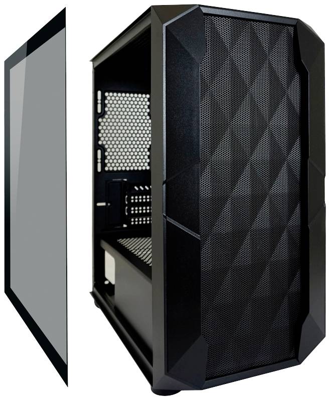 Zwart pc-behuizing met geometrisch patroon aan de voorkant, aan de zijkant open behuizing, verwijderbare glazen plaat.