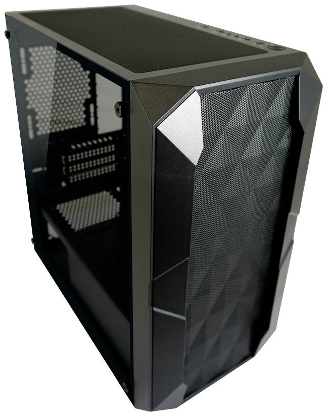 Zwart computerbehuizing met zeshoekig ventilatieraster aan de voorkant; zichtbare binnenkant van de behuizing.