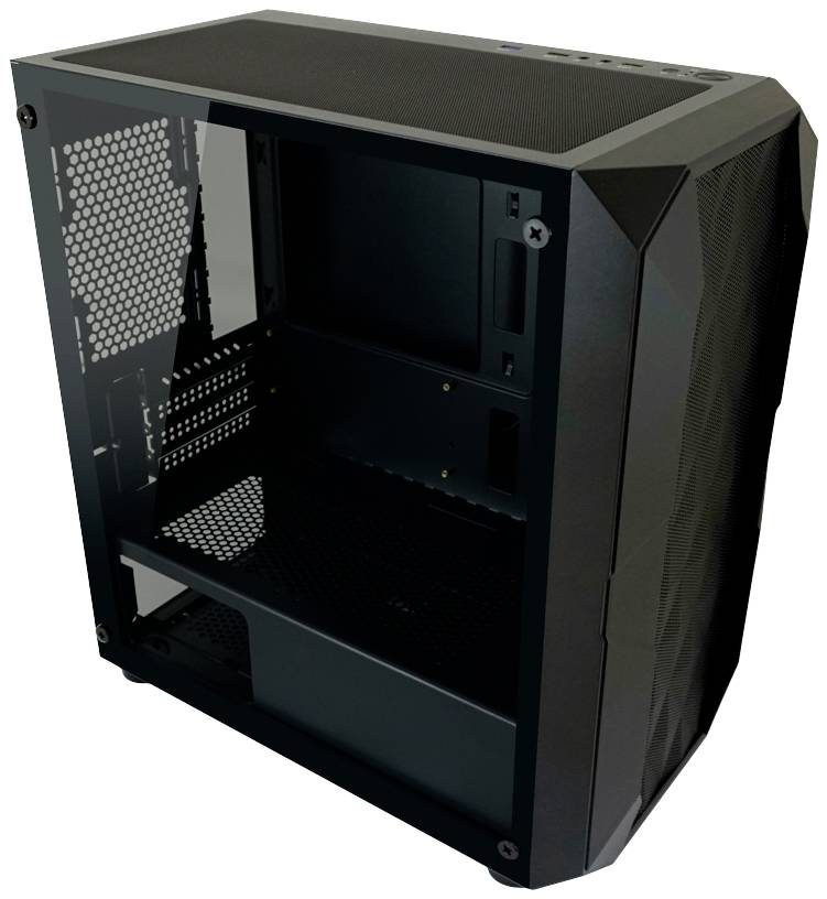 Een lege computerbehuizing met mesh-voorkant, zijdelings glasvenster en open stationssleuven, geschikt voor pc-assemblage.
