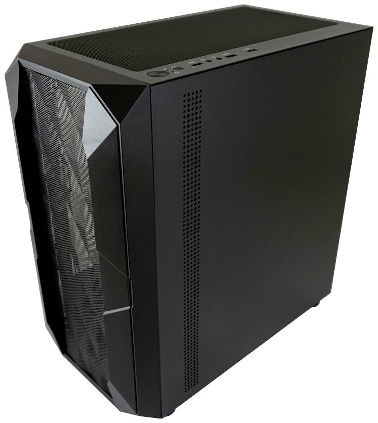Zwart computerbehuizing met polygonale ontwerpkenmerken en meerdere aansluitingsmogelijkheden aan de bovenzijde.