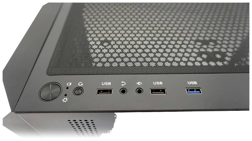Zwart computerbehuizing met netvoedingsdeksel bovenaan, vier USB-poorten en aan/uit-knop aan de voorkant.