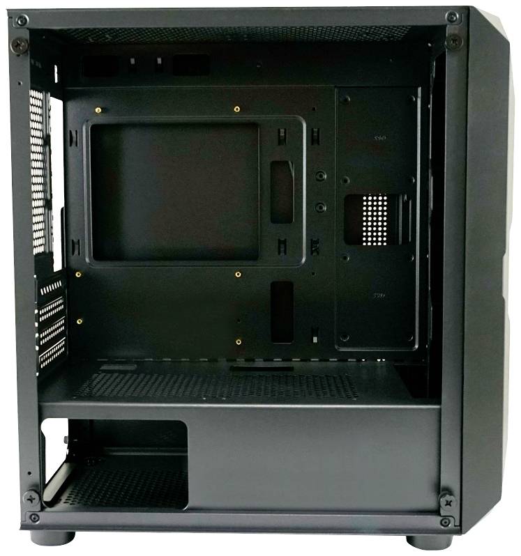Zwart, leeg pc-behuizing met open zijwand, toont binnenruimte voor moederbord, voeding en schijfstations.