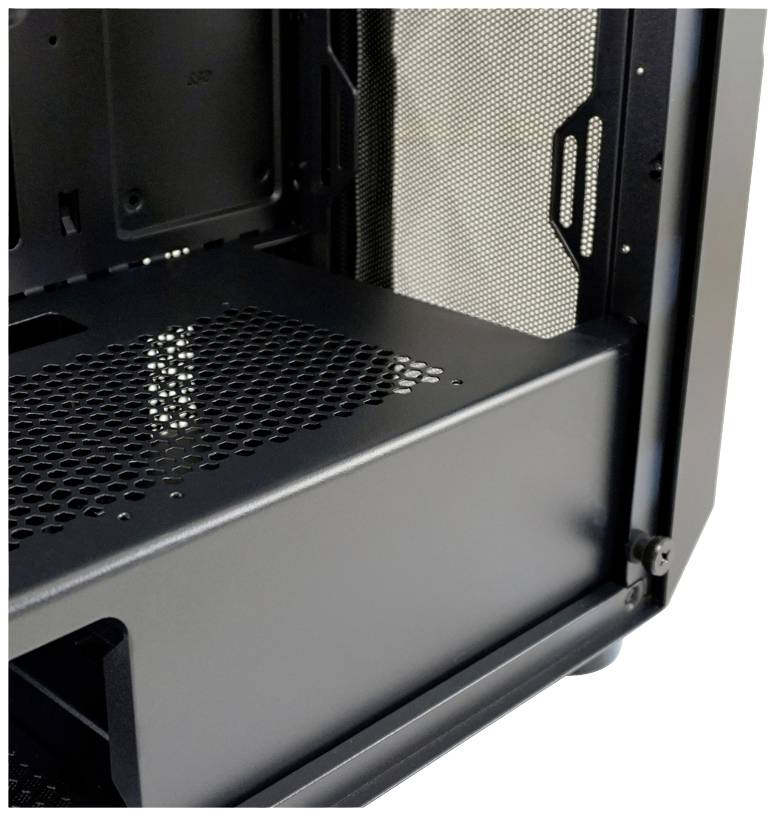 Zwart computerbehuizing met netvoeding en rechthoekige opening links. Focus op de binnenkant zonder zichtbare componenten.