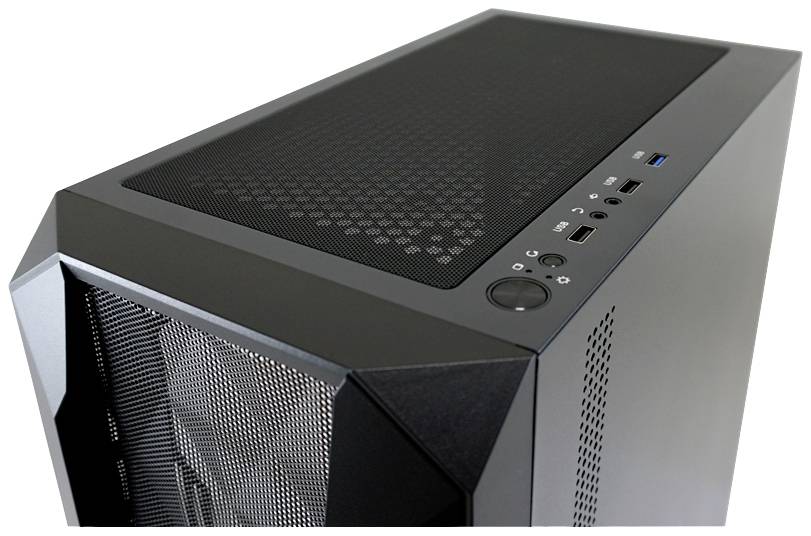 Zwart computerbehuizing met mesh-voorpaneel en aansluitingen aan de bovenkant voor USB en audio.