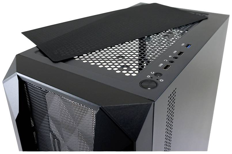 Zwart computerbehuizing met open ventilatiespleten bovenaan en meerdere aansluitingen en schakelaars aan de voorkant.
