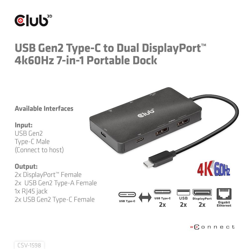 Dual-Display-Dock. USB-C naar twee DisplayPoorts, 4K-resolutie bij 60Hz. Bevat USB, Ethernet en display-aansluitingen. Apparaat is draagbaar.