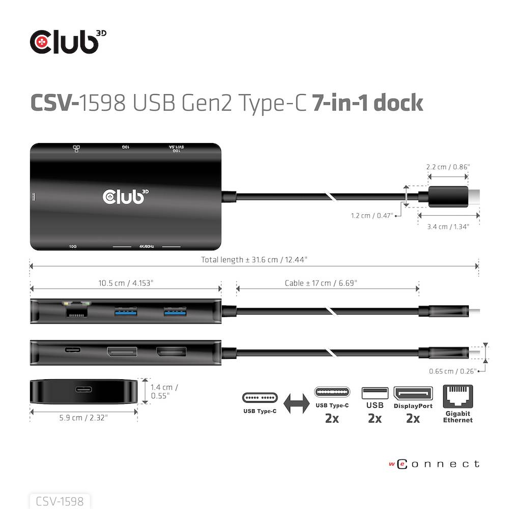 'Club 3D CSV-1598 USB Gen2 Type-C 7-in-1 Dock' toont de voor- en achterkant met aansluitingen: 2x USB-C, 2x USB-A, DisplayPort, Gigabit Ethernet.