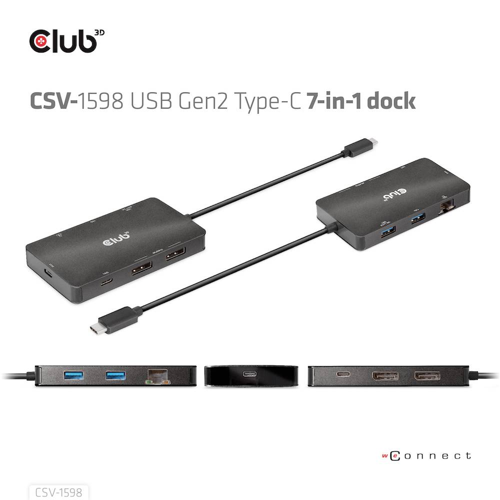 'CSV-1598 USB Gen2 Type-C 7-in-1 Dock', toont voor- en zijaanzicht van een zwarte USB-C dockingstation met meerdere aansluitingen.