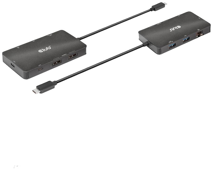 Twee zwarte USB-C-dockingstations met aansluitingen: HDMI, Ethernet, USB-A en USB-C-poorten; elk met verbindingskabel.